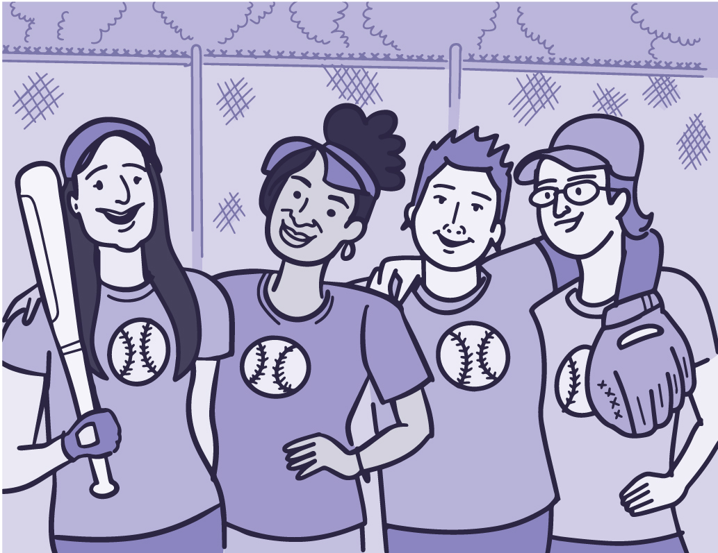 Illustration of a group of friends playing softball posing for a team photo Illustration of a group of friends playing softball posing for a team photo.